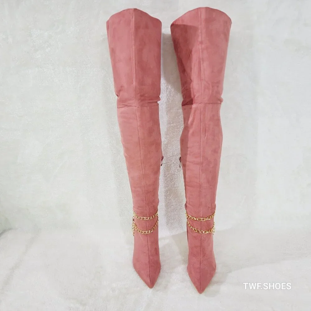 Mata Shoes Dusty Pink Suede Over-the-Knee Stiletto Boots w/Gold Chain Brand new.